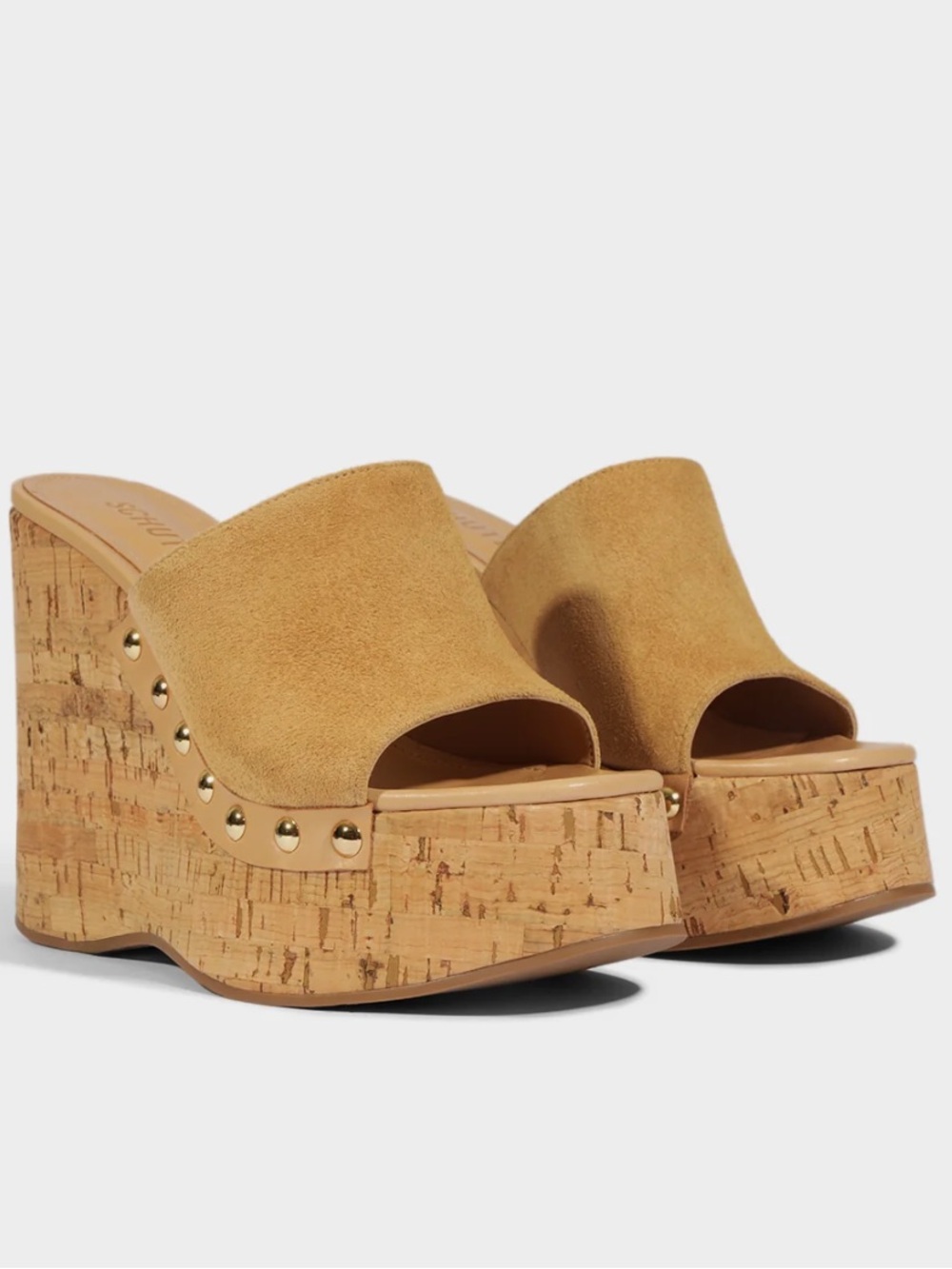 SCHUTZ Tan Suede Studded Cork Wedge Slide